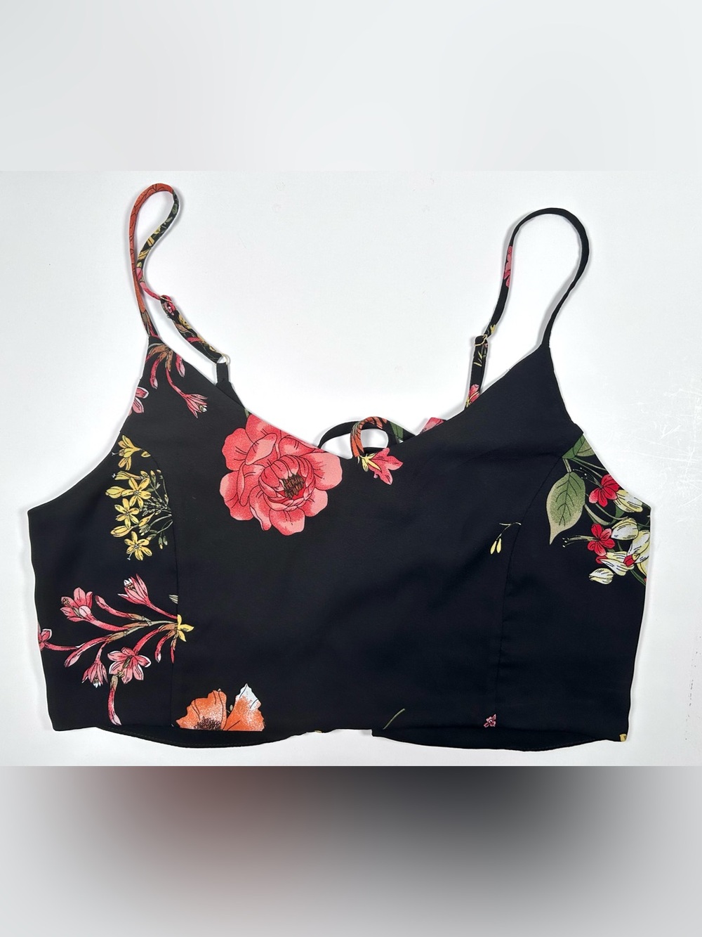 Lulus Floral Lace-Up Back Cami Top Y2K Boho Festival Black Multicolor XL